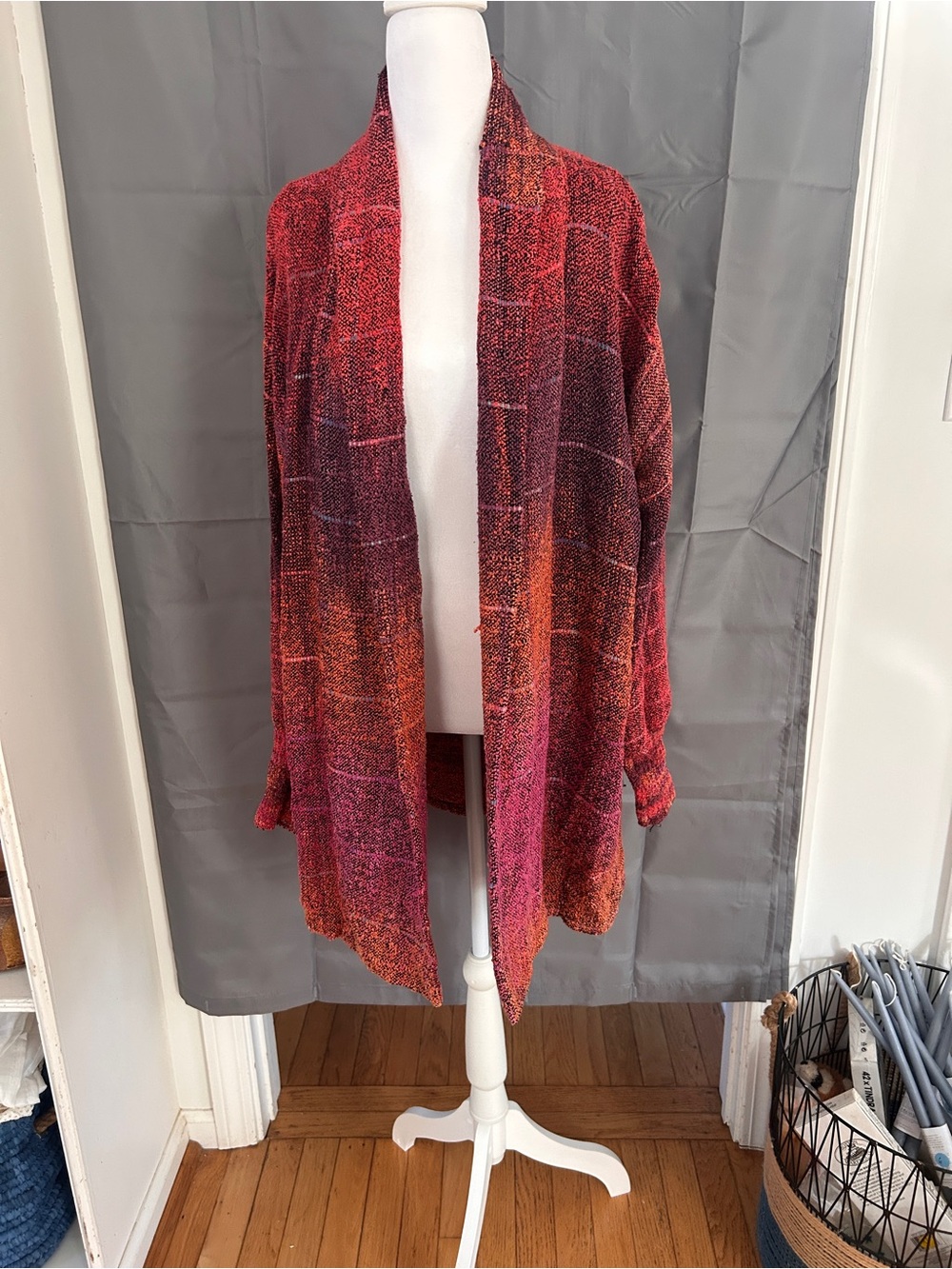 Hand made Open-Front Multi-Tone Red Pink Cardigan Sweater